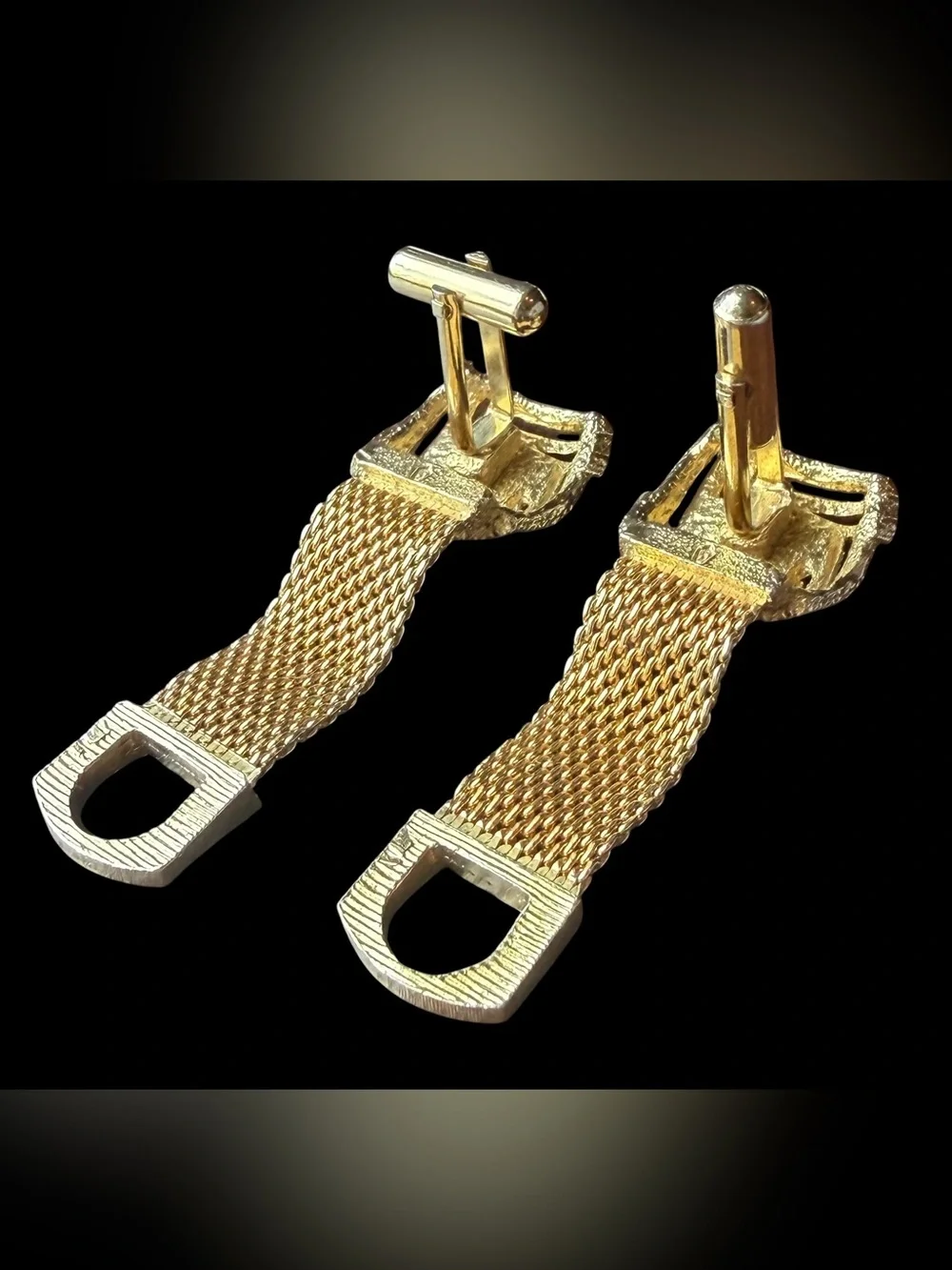 Mid Century Vintage Cuff Links w/ Tiger Eye Gemstones & Mesh Band